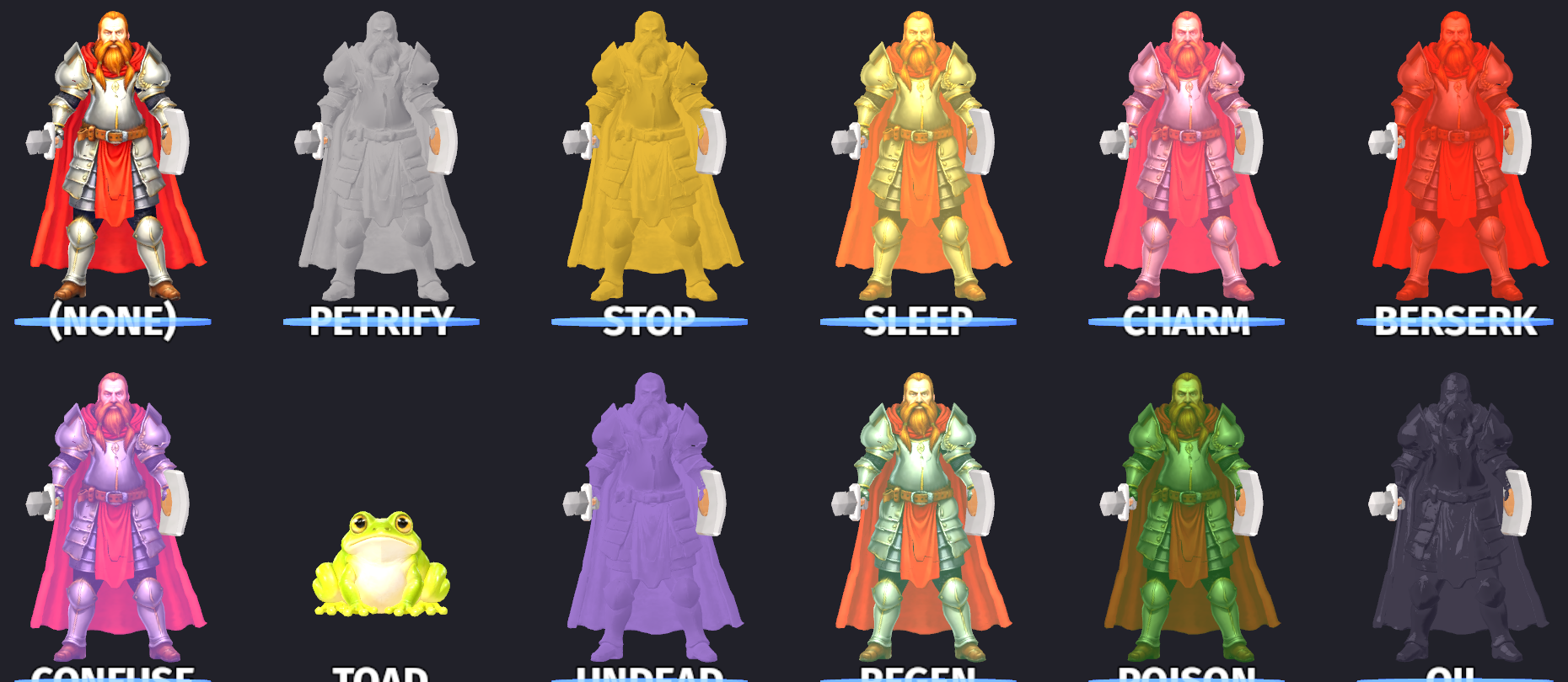 The twelve body treatments painted on identical knights: baseline, petrify, stop, sleep, charm, berserk, confuse, toad, undead, regen, poison and oil